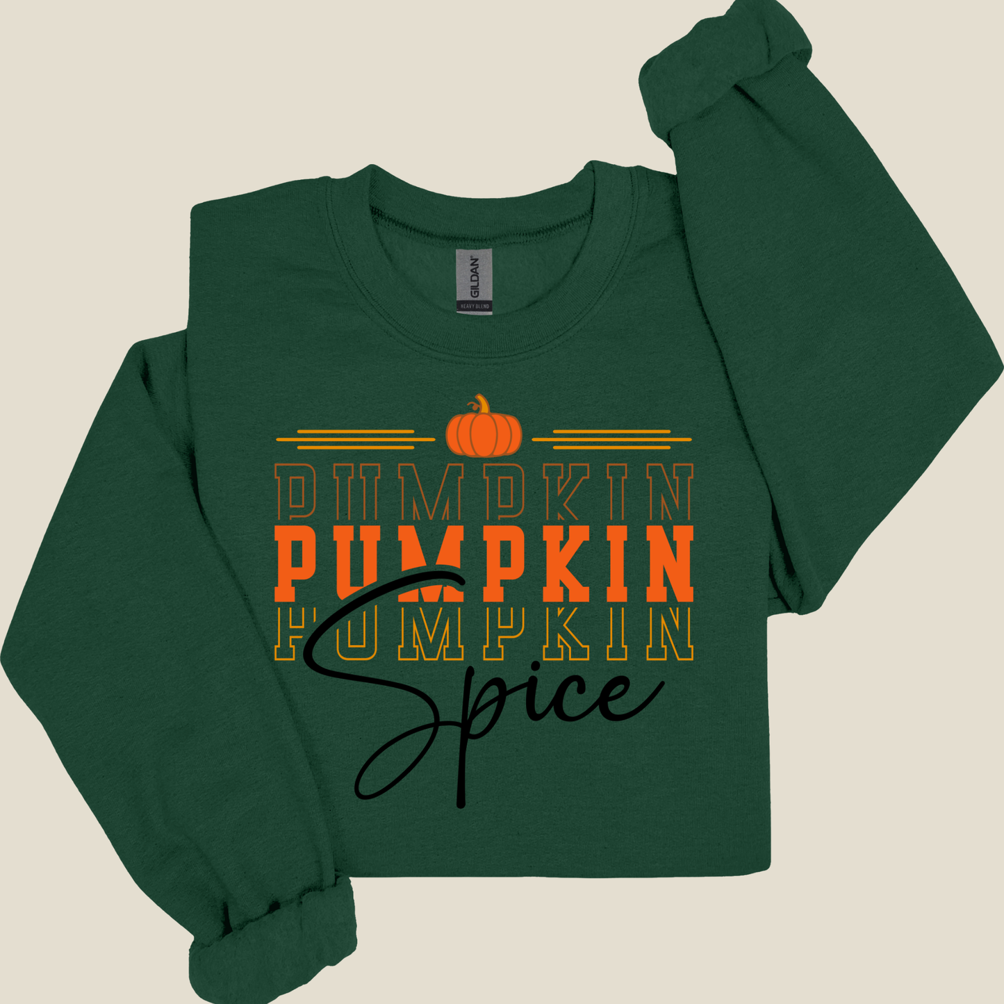 Green long-sleeve shirt with 'Pumpkin Spice' text and pumpkin graphic on a beige background