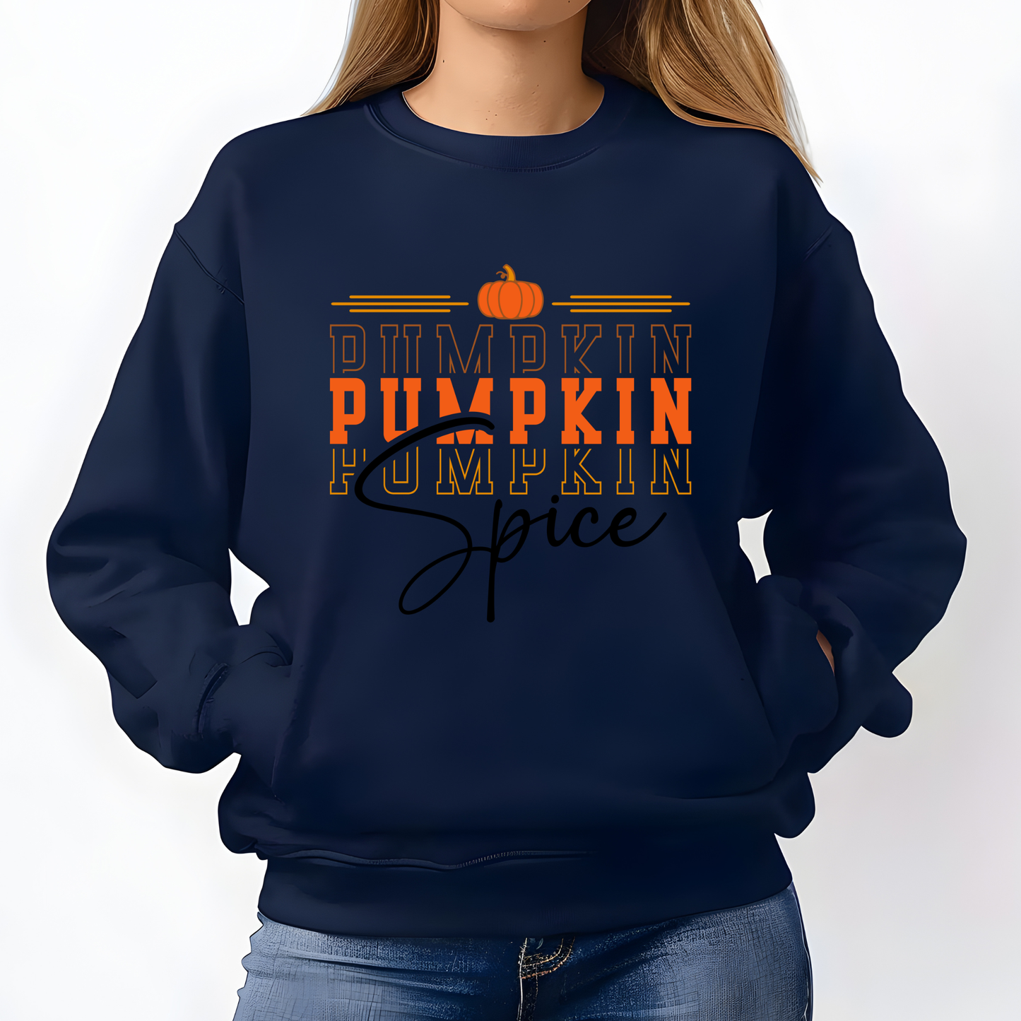 Navy blue sweatshirt with 'Pumpkin Spice' text design on a white background