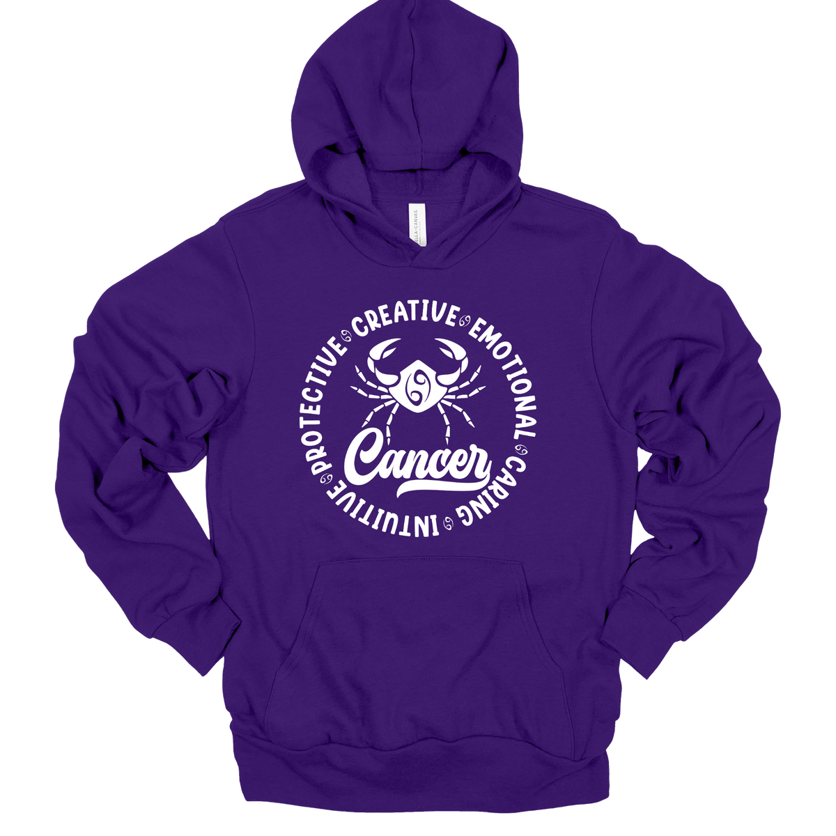 A purple pullover hoodie with a white graphic print on the front featuring a crab and the word 'Cancer' surrounded by adjectives, shown on a plain white background.