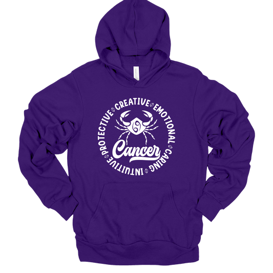 A purple pullover hoodie with a white graphic print on the front featuring a crab and the word 'Cancer' surrounded by adjectives, shown on a plain white background.