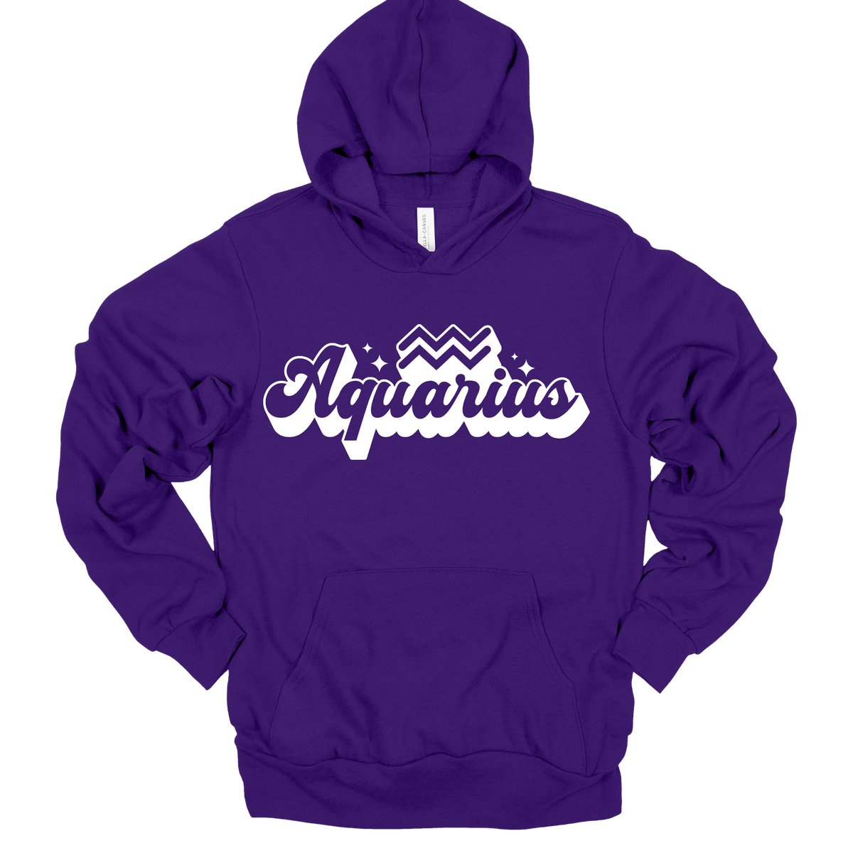 A purple pullover hoodie with a white graphic print on the chest that reads 'Aquarius' in a stylized script with a zodiac symbol above it, shown on a plain white background.