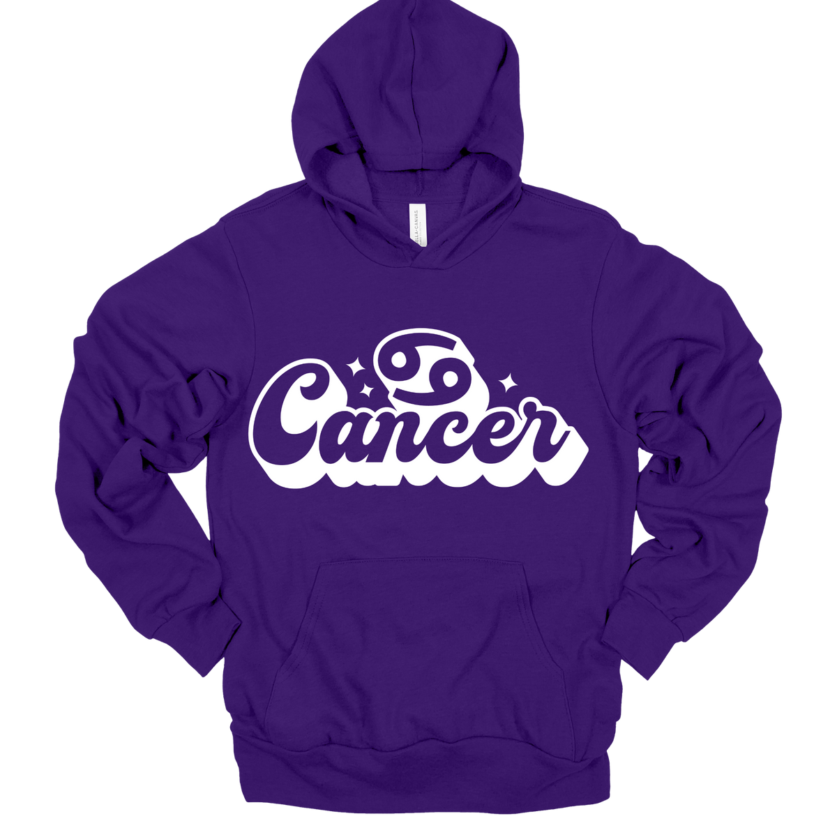 A purple pullover hoodie with a white graphic on the chest that reads 'Cancer' in a retro bubble font with a Cancer zodiac symbol above it, shown on a plain white background.