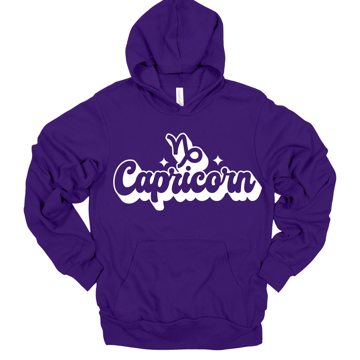 A purple pullover hoodie with a white 'Capricorn' graphic and zodiac symbol printed on the chest, displayed against a solid white background.