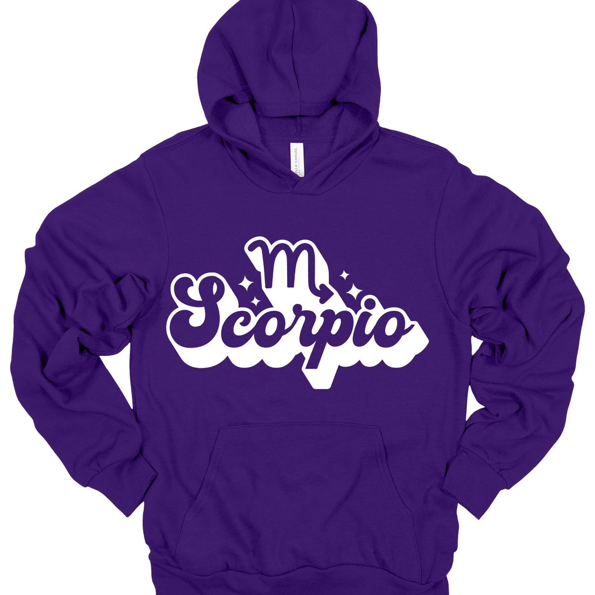 A purple pullover hoodie with a white graphic on the chest featuring the word 'Taurus' in a stylized script and a Taurus zodiac symbol above it, shown on a plain white background.