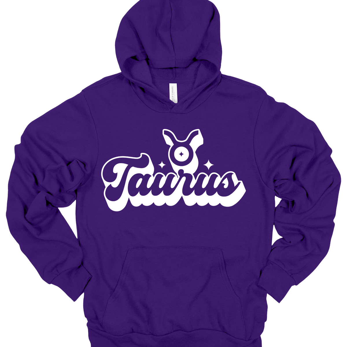 A purple pullover hoodie with a white graphic on the chest featuring the word 'Taurus' in a stylized script and a Taurus zodiac symbol above it, shown on a plain white background.