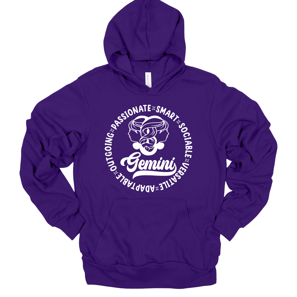 A purple pullover hoodie with a white graphic print on the chest featuring a Gemini zodiac symbol and the words 'Gemini' surrounded by adjectives like 'OUTGOING', 'PASSIONATE', 'SMART', 'SOCIAL', 'ADAPTABLE', and 'UNRESTRICTED'.