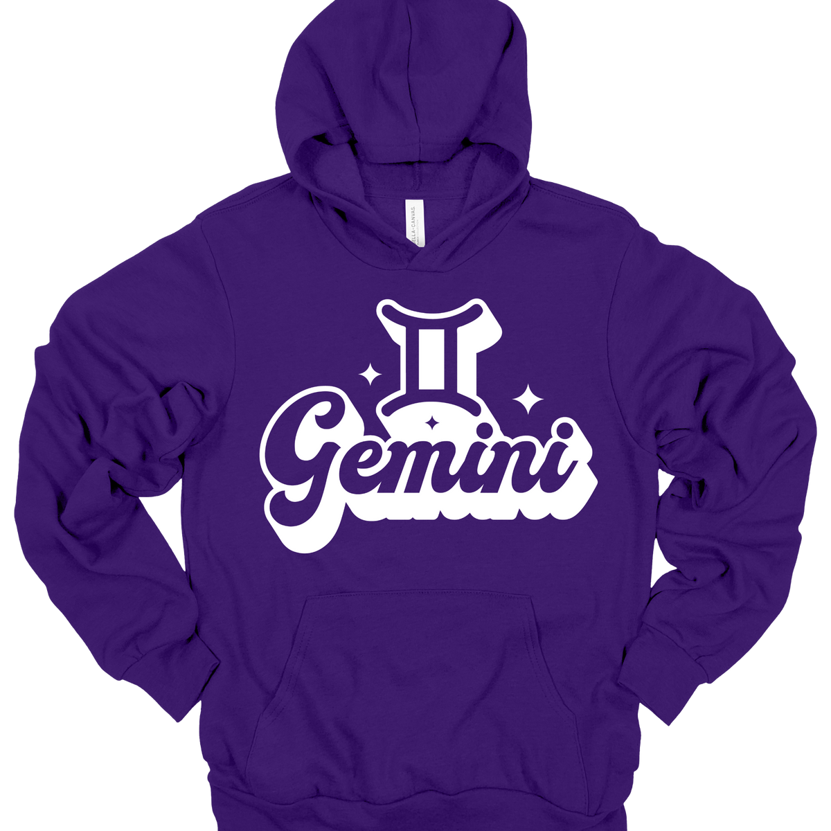 A purple pullover hoodie with a white graphic print on the chest featuring the Gemini astrological sign.