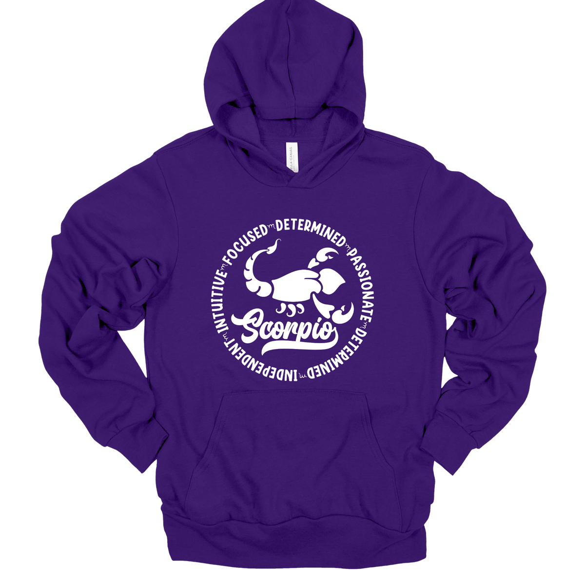 Woman wearing a purple crewneck sweatshirt featuring a white circular Scorpio zodiac graphic with a scorpion illustration, the word "Scorpio," and trait keywords like intuitive, focused, determined, passionate, and independent.