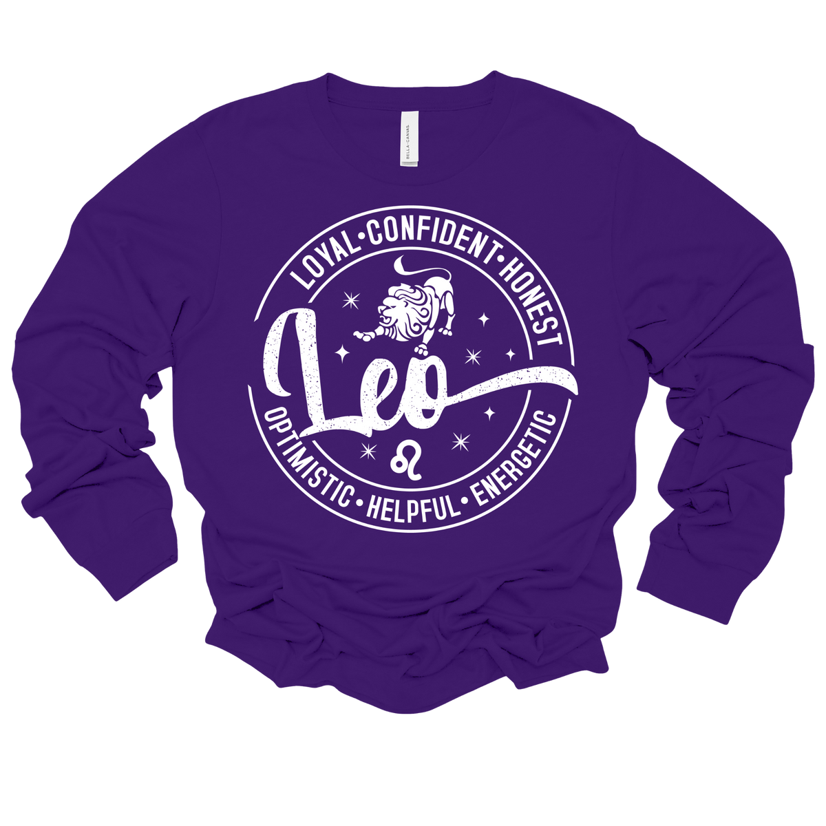 Woman wearing a vibrant purple Leo zodiac t-shirt featuring a white round graphic with a lion illustration, the word "Leo," and positive trait keywords like loyal, confident, honest, energetic, helpful, and optimistic.