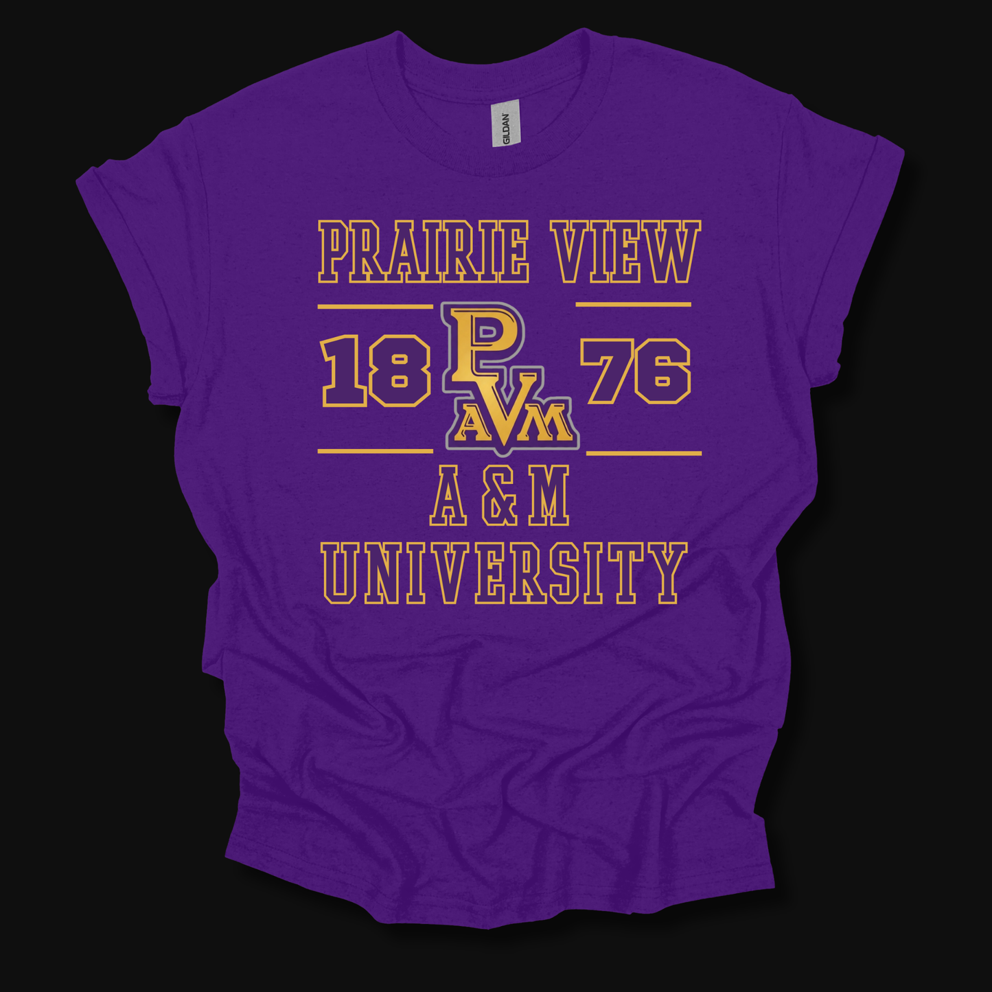 A purple short-sleeve t-shirt with a yellow and white graphic print reading 'PRAIRIE VIEW 1876 A & M UNIVERSITY' and a central 'PAVU' monogram, shown on a black background.