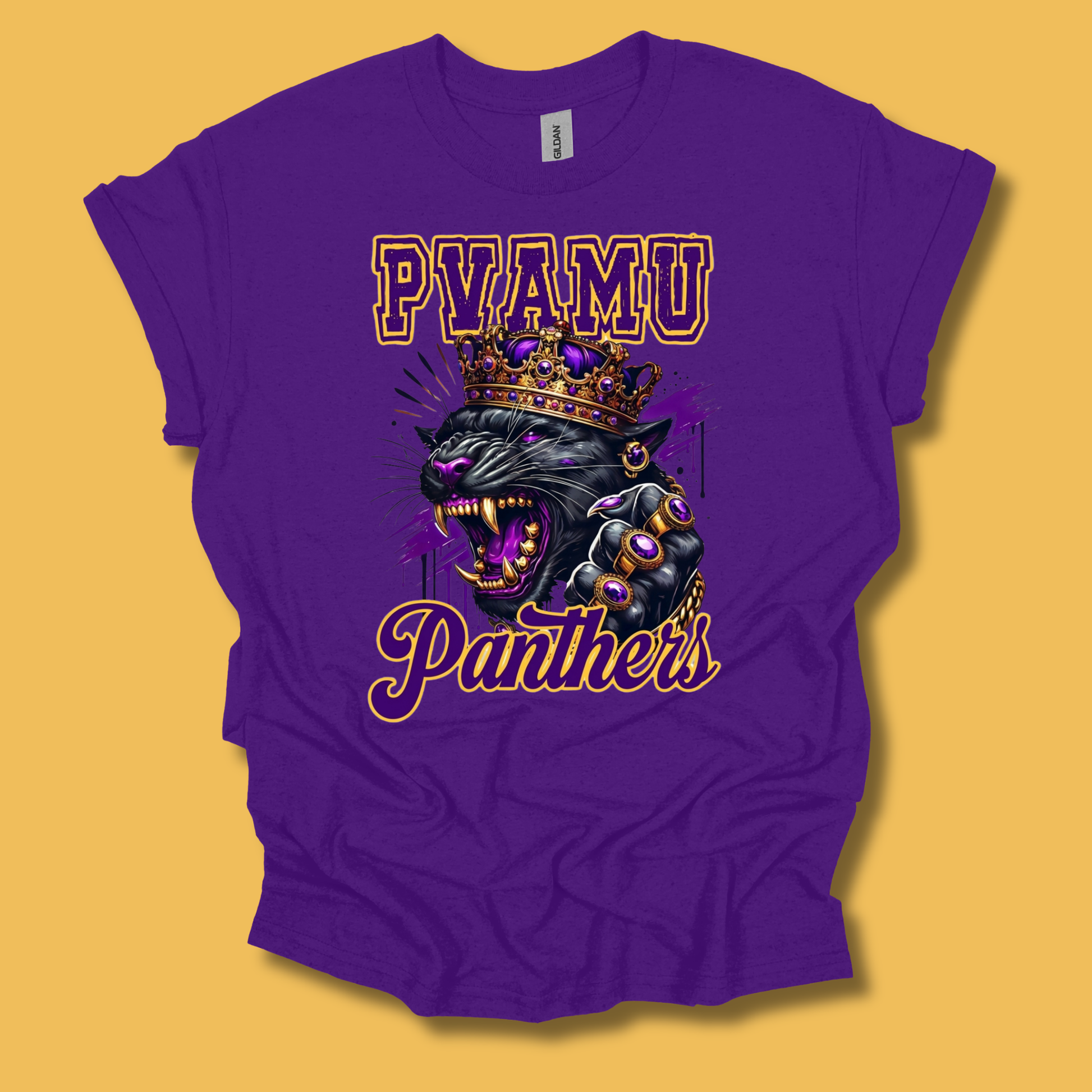 A purple short-sleeve t-shirt with a graphic of a crowned black panther and the text 'PYAMU Panthers' in purple and gold, displayed on a solid yellow background.