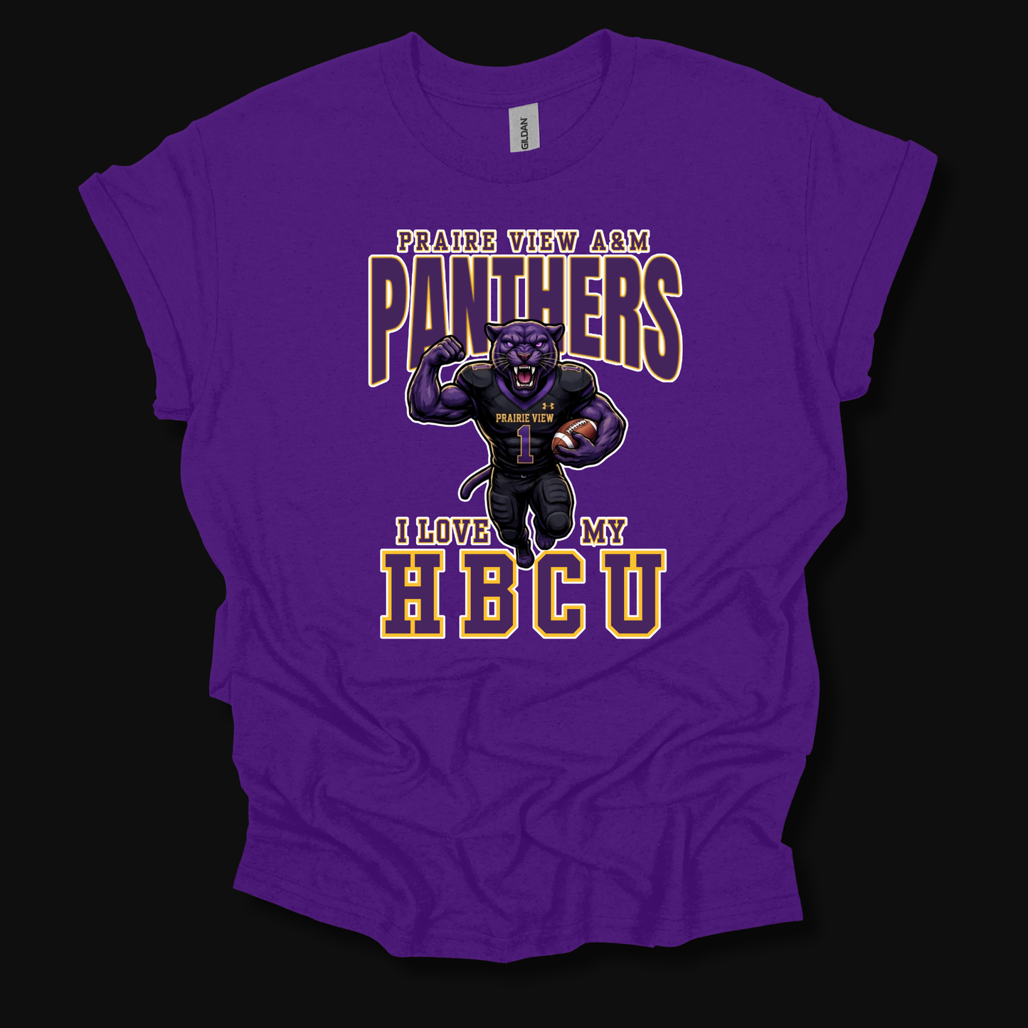 A purple short-sleeve t-shirt with a graphic print of a panther mascot and the text 'PRAYERS VIEW A&M PANTHERS I LOVE MY HBCU' on a black background.
