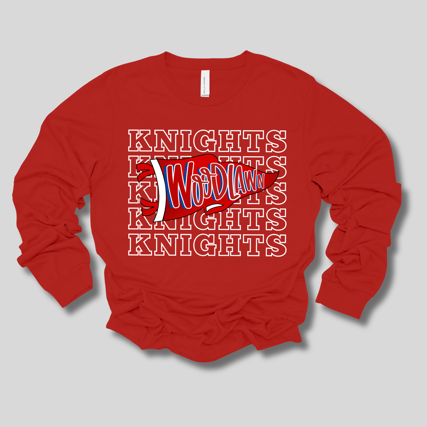 A red long-sleeve t-shirt with a graphic print on the front, featuring the word 'Whodditty' in red and blue script layered over a repeating white 'KNIGHTS' outline pattern, displayed on a neutral gray background.