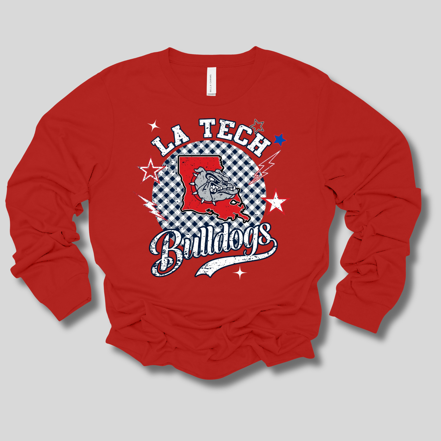 A red long-sleeve t-shirt with a graphic print on the front, featuring the word 'Whodditty' in red and blue script layered over a repeating white outline of the word 'KNIGHTS'. The shirt is displayed flat against a neutral gray background.
