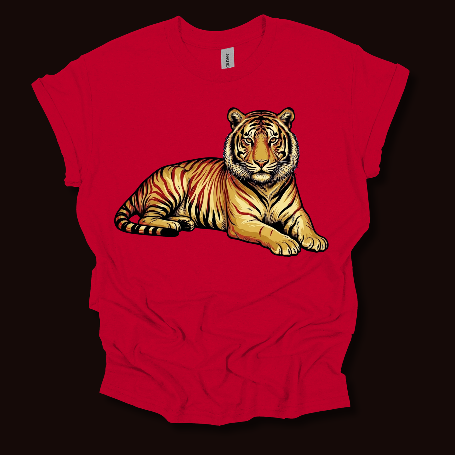 A bright red short-sleeve t-shirt with a large graphic print of a lying tiger on the front, displayed against a solid black background.
