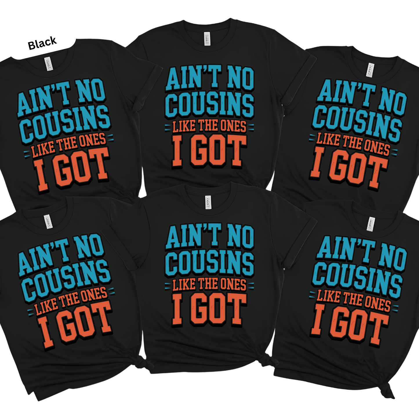 Black t-shirts with colorful text design on a white background