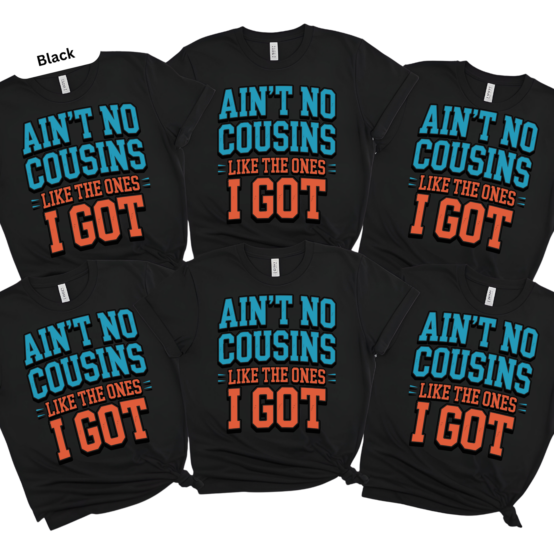 Black t-shirts with colorful text design on a white background