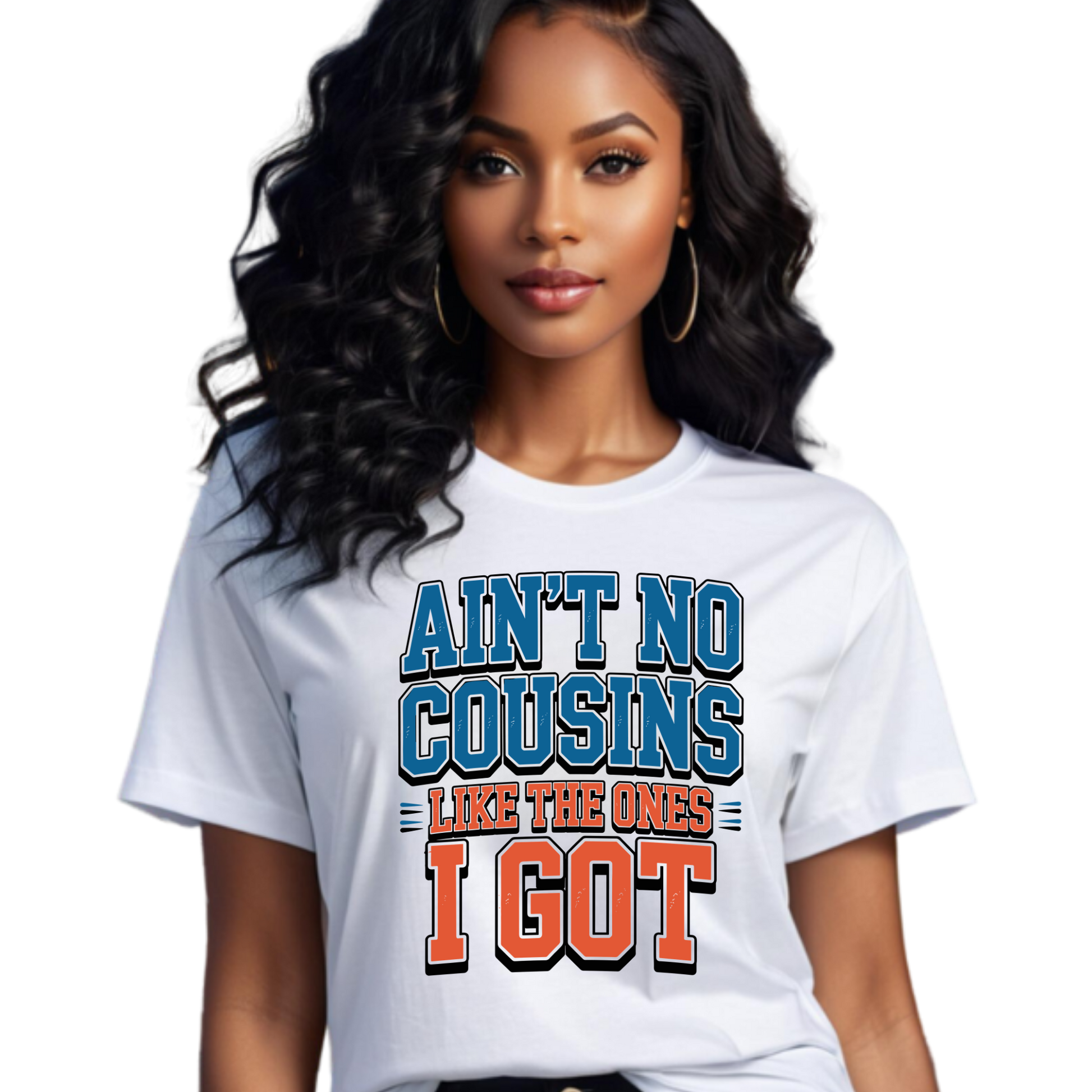 Woman wearing a white t-shirt with colorful text design on a plain background