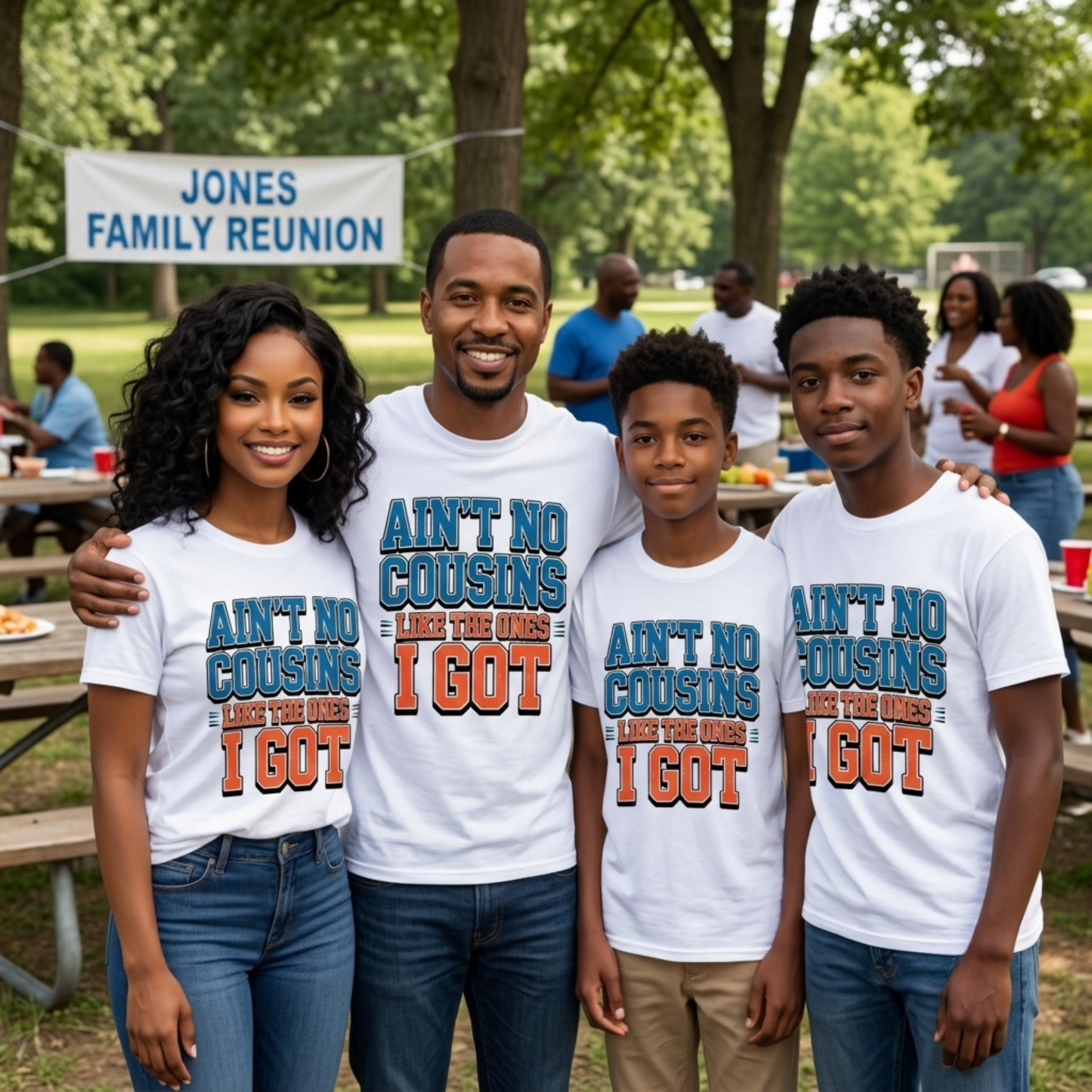 Family posing together at a family reunion with matching shirts.