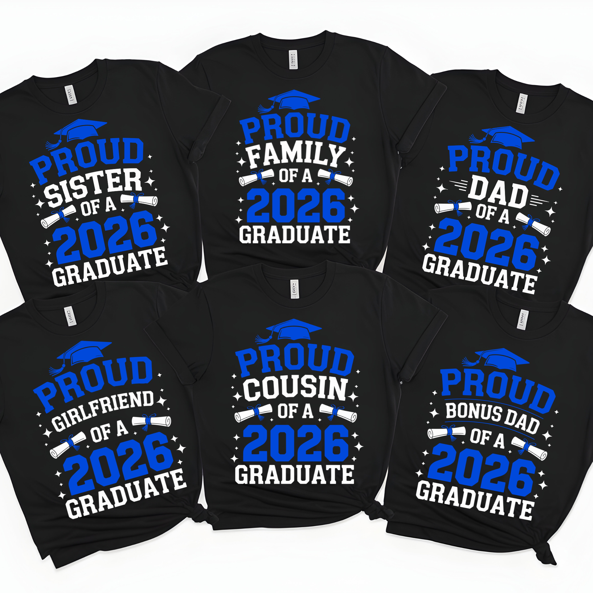 Black t-shirts with blue and white text for 2026 graduates, displayed on a white background.