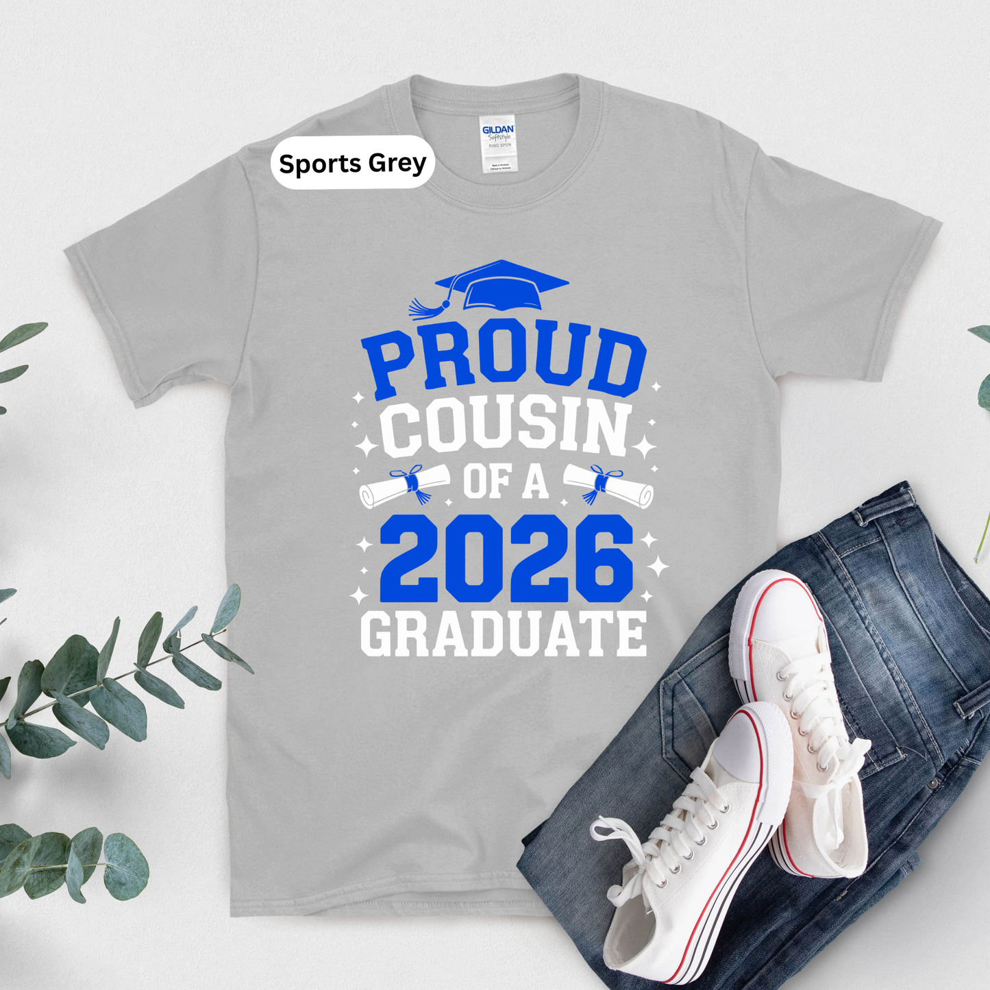 Gray t-shirt with 'Proud Cousin of a 2026 Graduate' text and graphics on a white background.