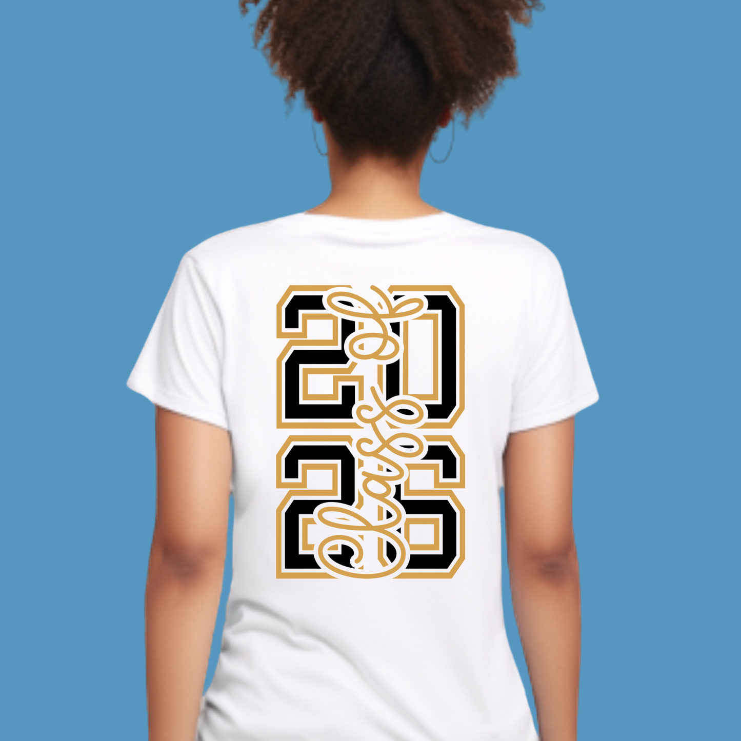 Person wearing a white t-shirt with decorative numbers on the back against a blue background