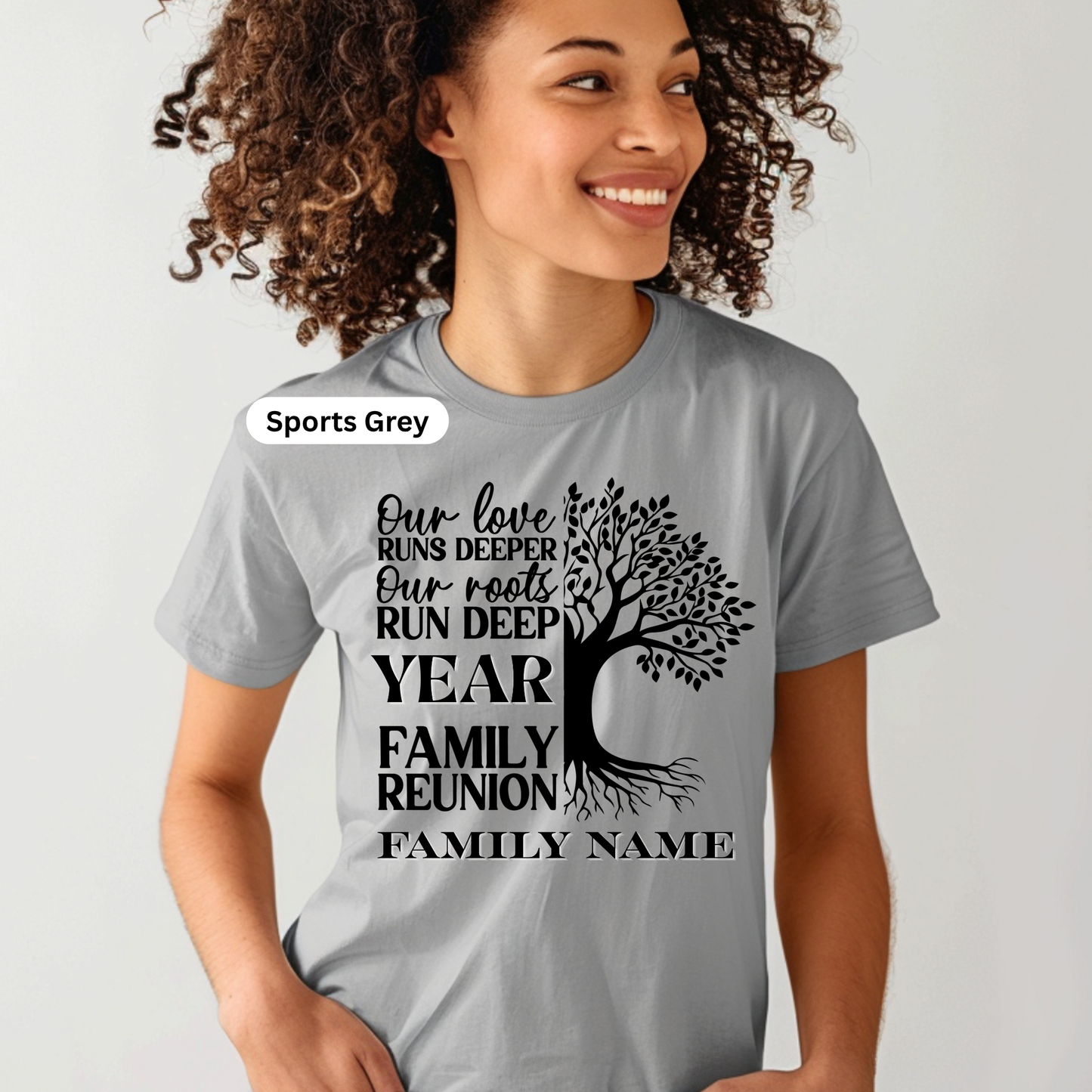 Person wearing a gray t-shirt with a family reunion design and text placeholder.