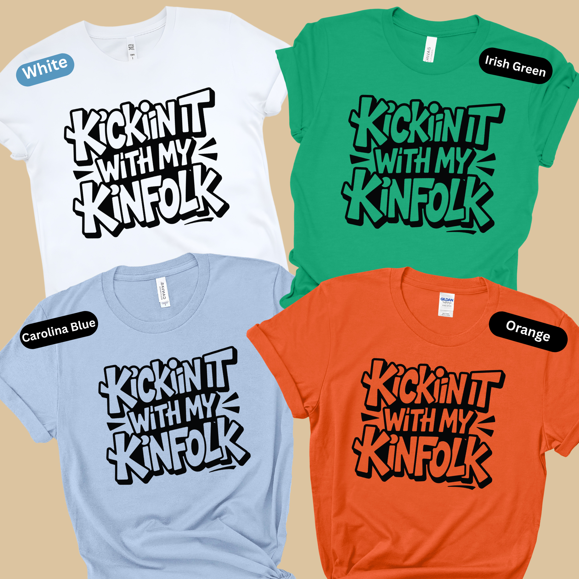 Four t-shirts in white, green, blue, and orange with 'Kickin' it with my kinfolk' text on a beige background.