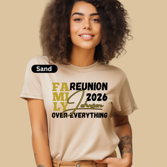 Woman wearing a beige t-shirt with 'Family Reunion 2026 Over Everything' text on a beige background