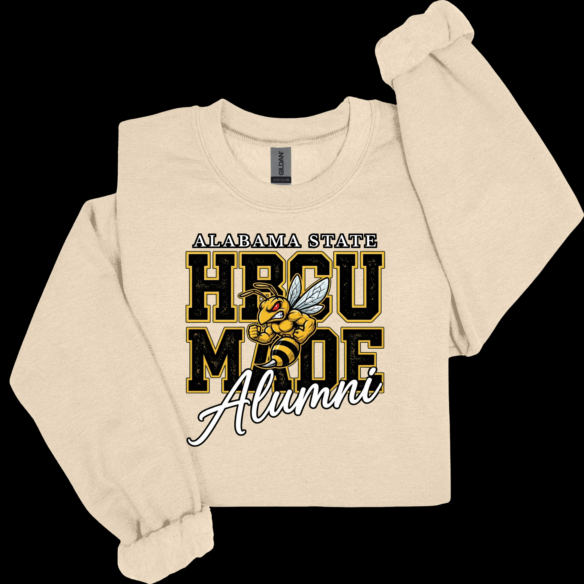 A cream-colored crewneck sweatshirt with a graphic of a yellow and black hornet and the text 'Hornets Nation' on the front, displayed against a solid black background.