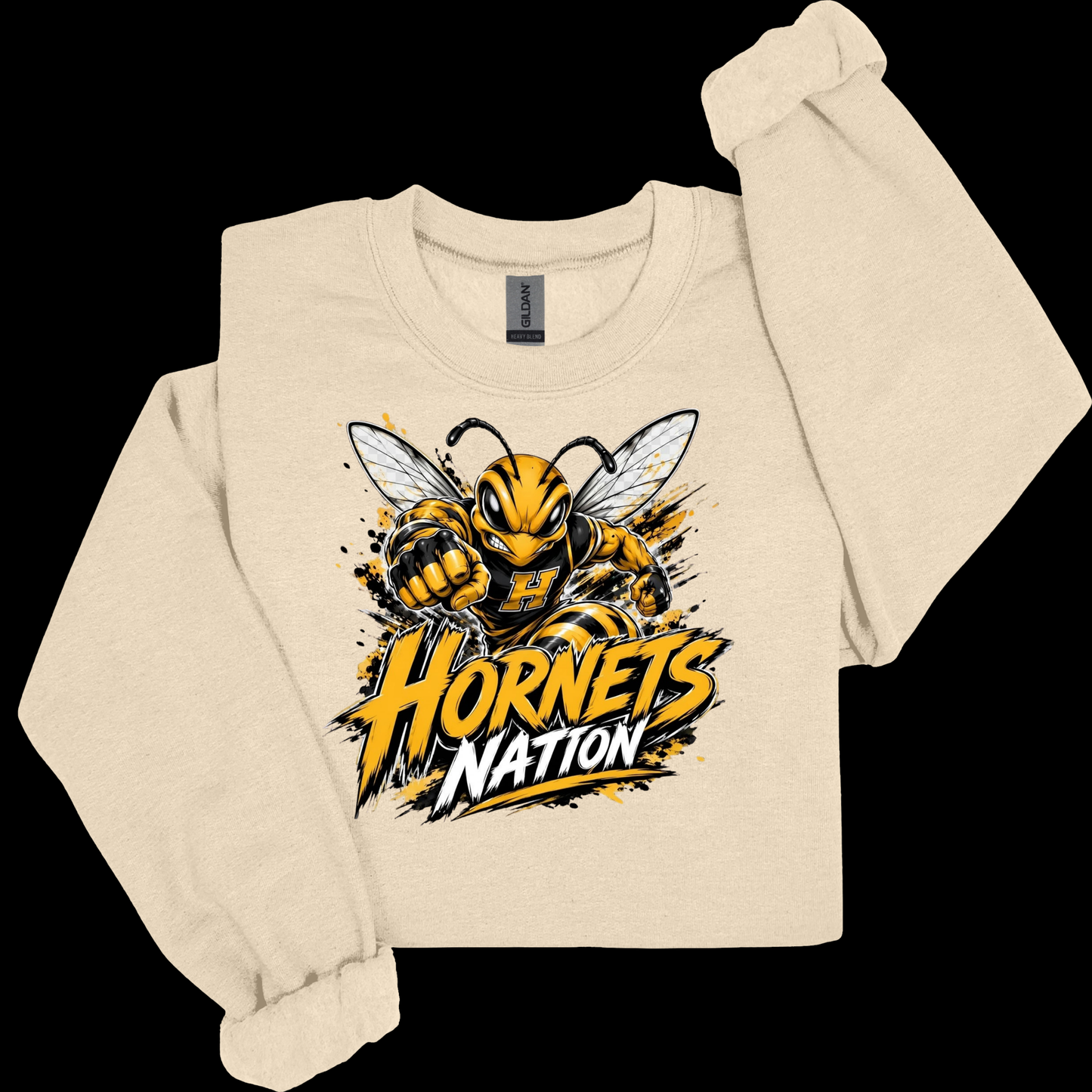 A cream-colored crewneck sweatshirt with a graphic of a yellow and black hornet and the text 'Hornets Nation' on the front, displayed against a solid black background.