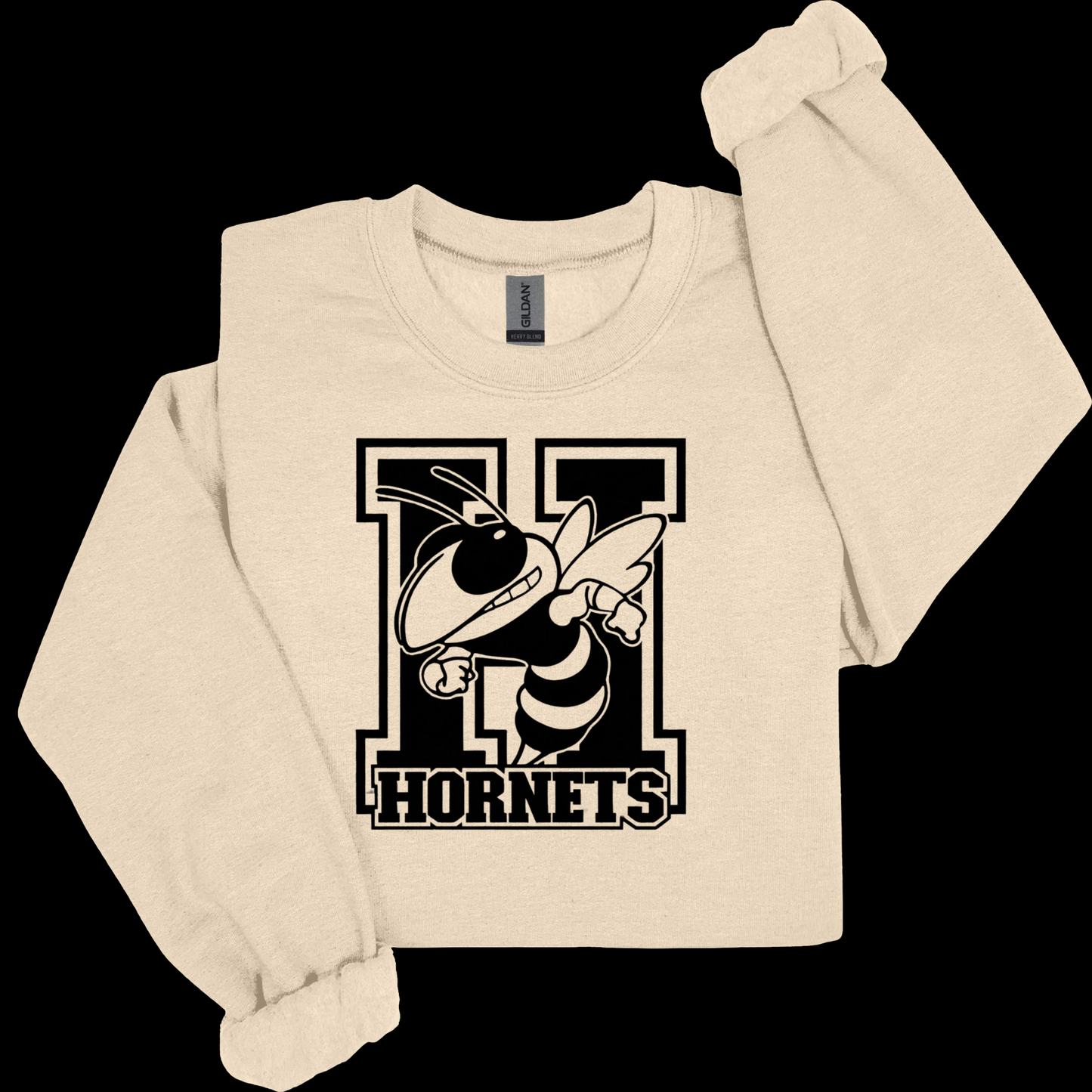 A beige crewneck sweatshirt with a graphic of a yellow and black hornet and the text 'Hornets Nation' on the front, displayed against a solid black background.