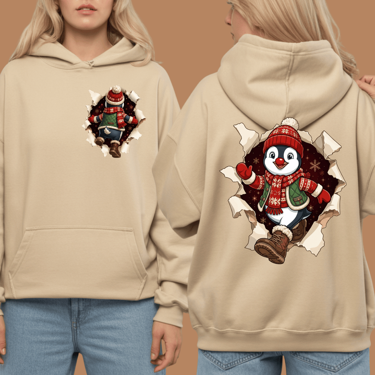 Penguin Christmas Shirt - 3D Torn Effect Holiday Tee, Crewneck, or Hoodie