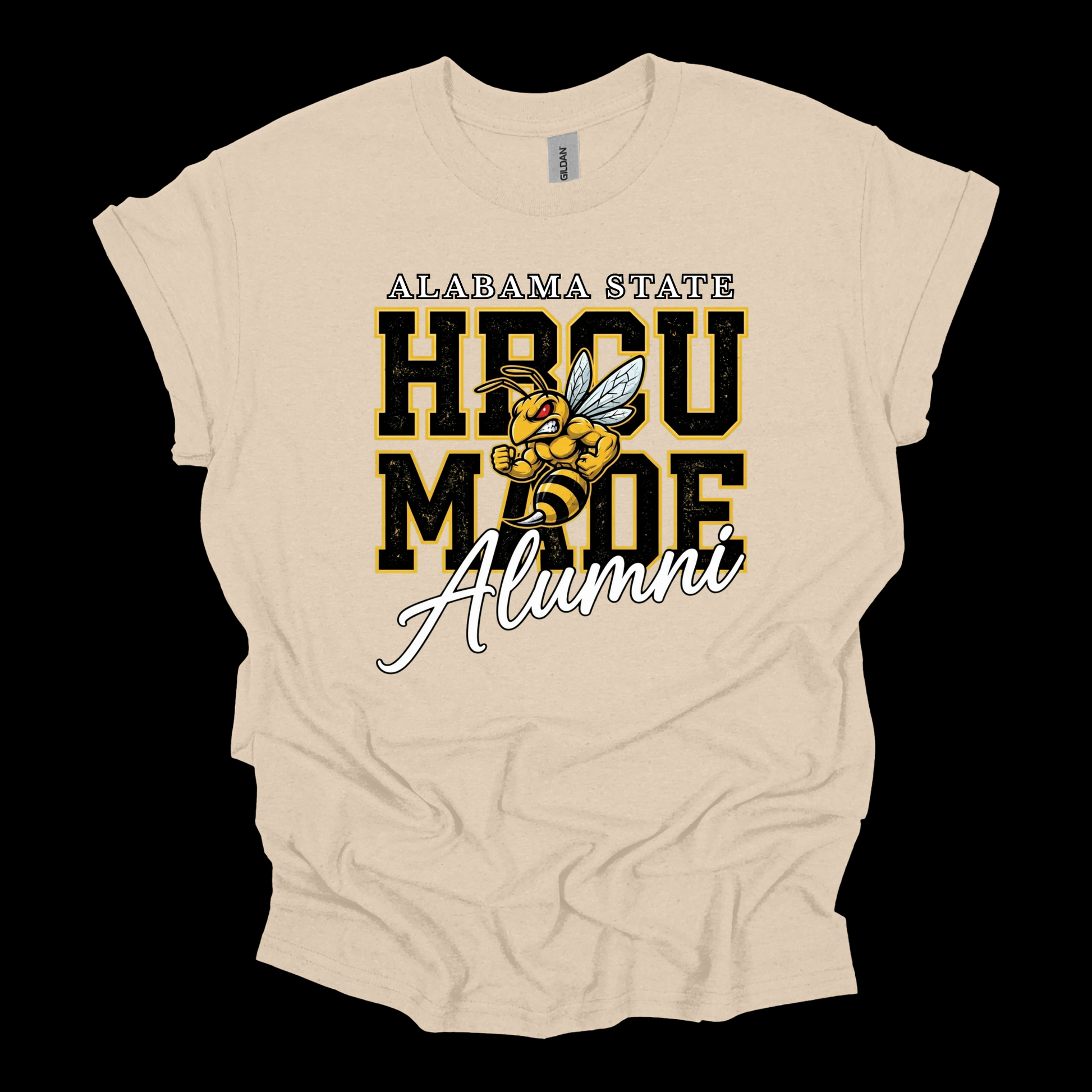 A beige short-sleeve t-shirt with a graphic of a yellow and black hornet and the text 'Hornets Nation' on the front, displayed against a solid black background.