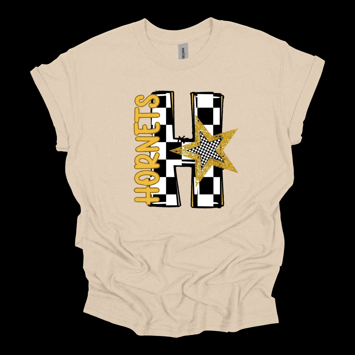 A cream-colored short-sleeve t-shirt with a 'Hornet Nation' graphic on the front, featuring a yellow and black bee and the text 'Est. 1867' and 'Oklahoma State', displayed against a solid black background.