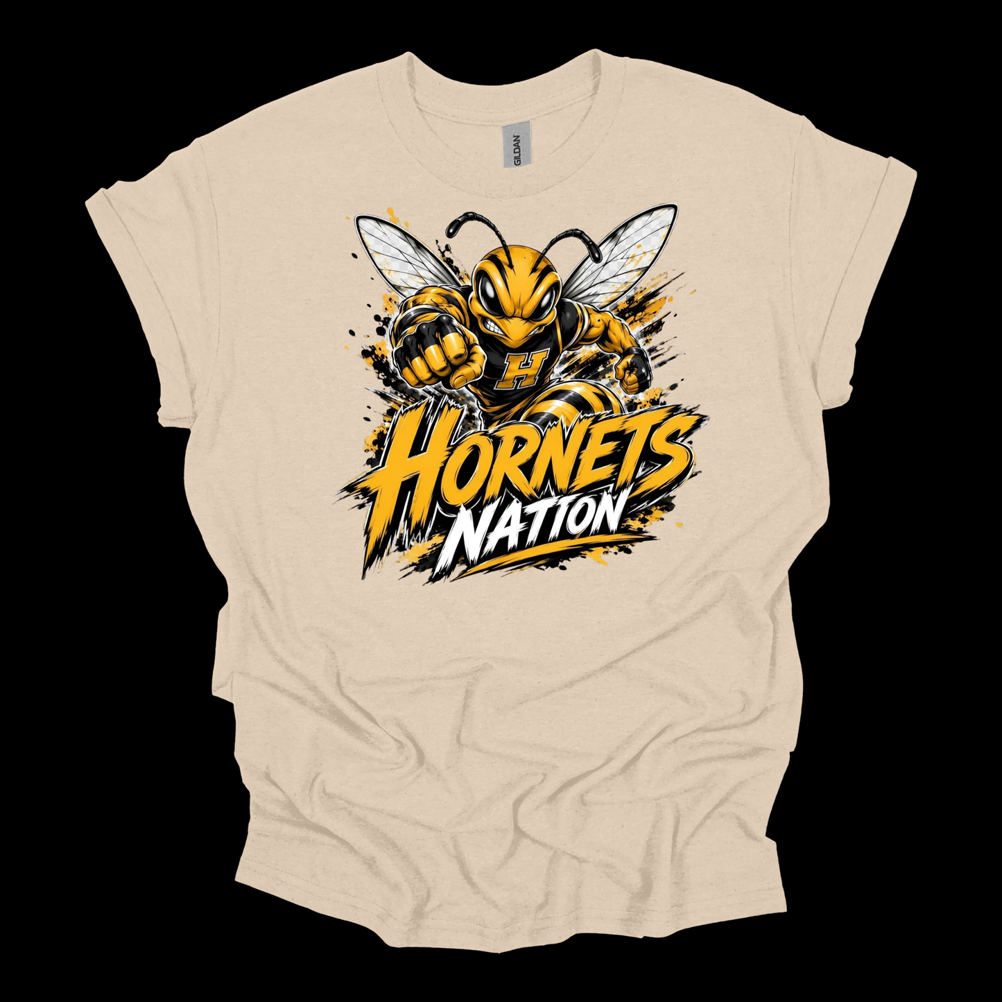 A beige short-sleeve t-shirt with a graphic of a yellow and black hornet and the text 'Hornets Nation' on the front, displayed against a solid black background.