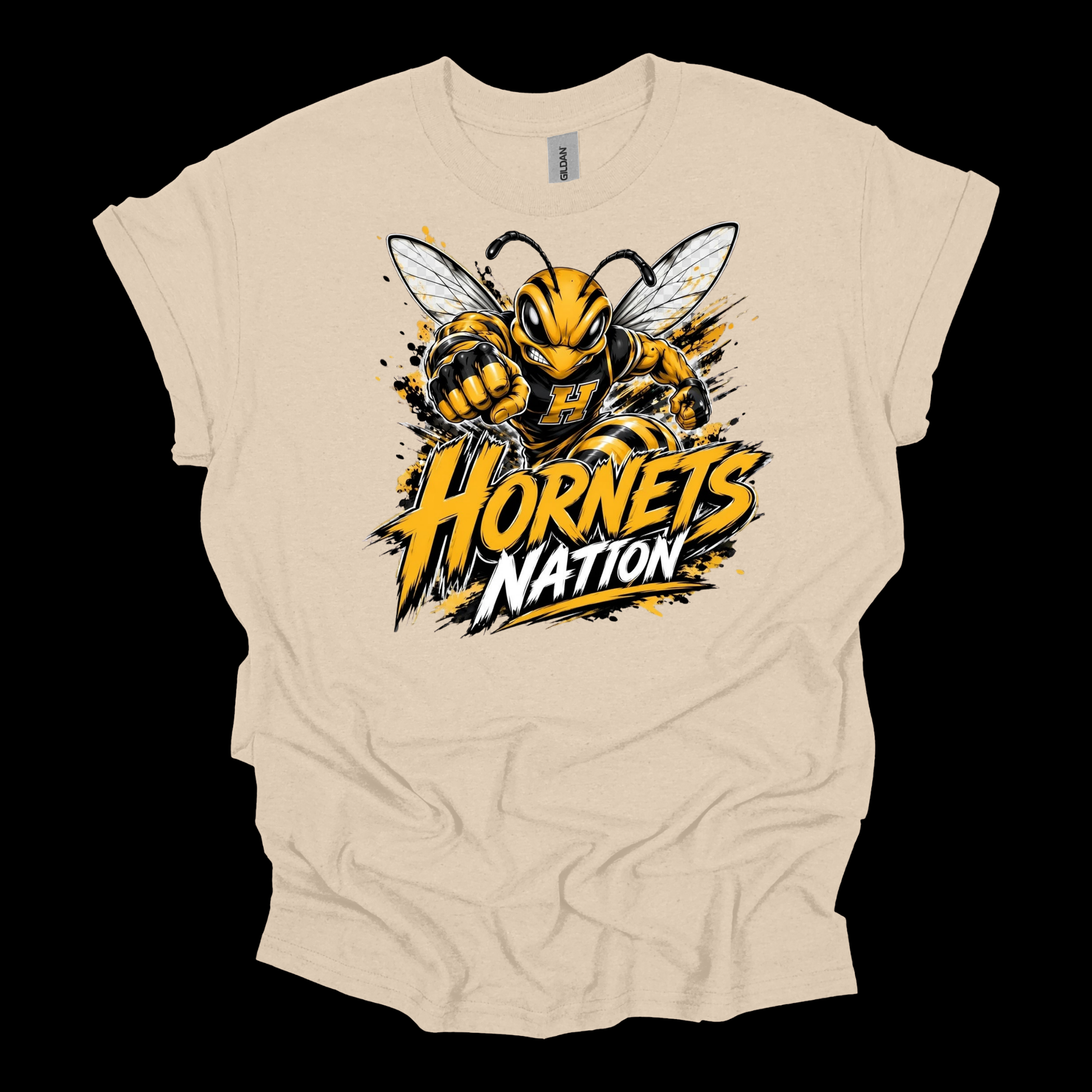 A beige short-sleeve t-shirt with a graphic of a yellow and black hornet and the text 'Hornets Nation' on the front, displayed against a solid black background.