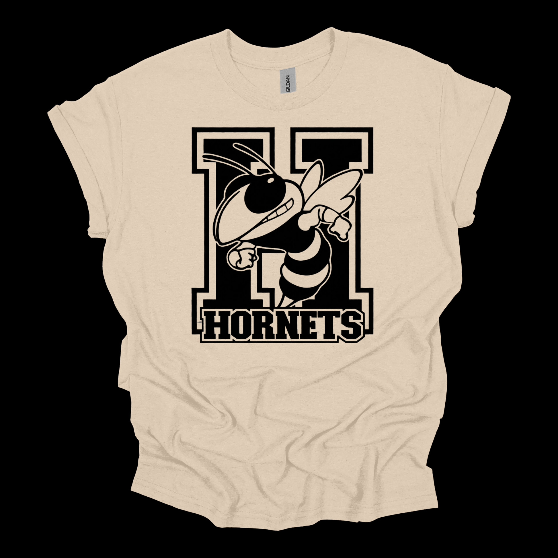 A beige short-sleeve t-shirt with a graphic of a yellow and black hornet and the text 'Hornets Nation' on the front, displayed against a solid black background.