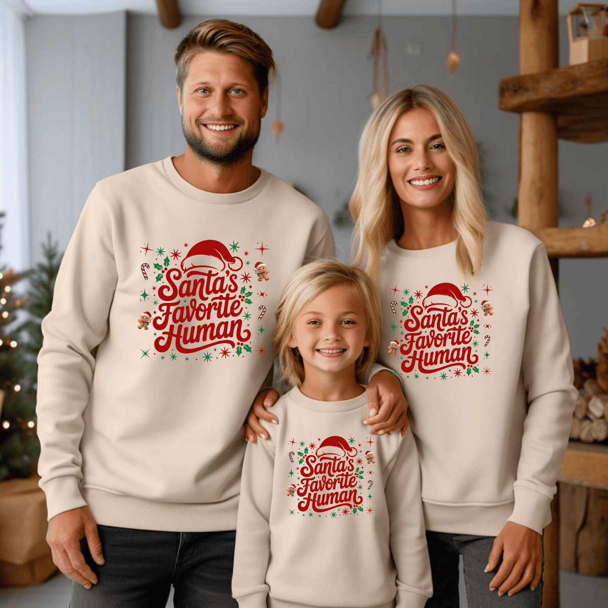 Folded sand crewneck sweatshirt with 'Santa's Favorite Human' red lettering, Santa hat, and gingerbread graphics on a neutral wooden background.