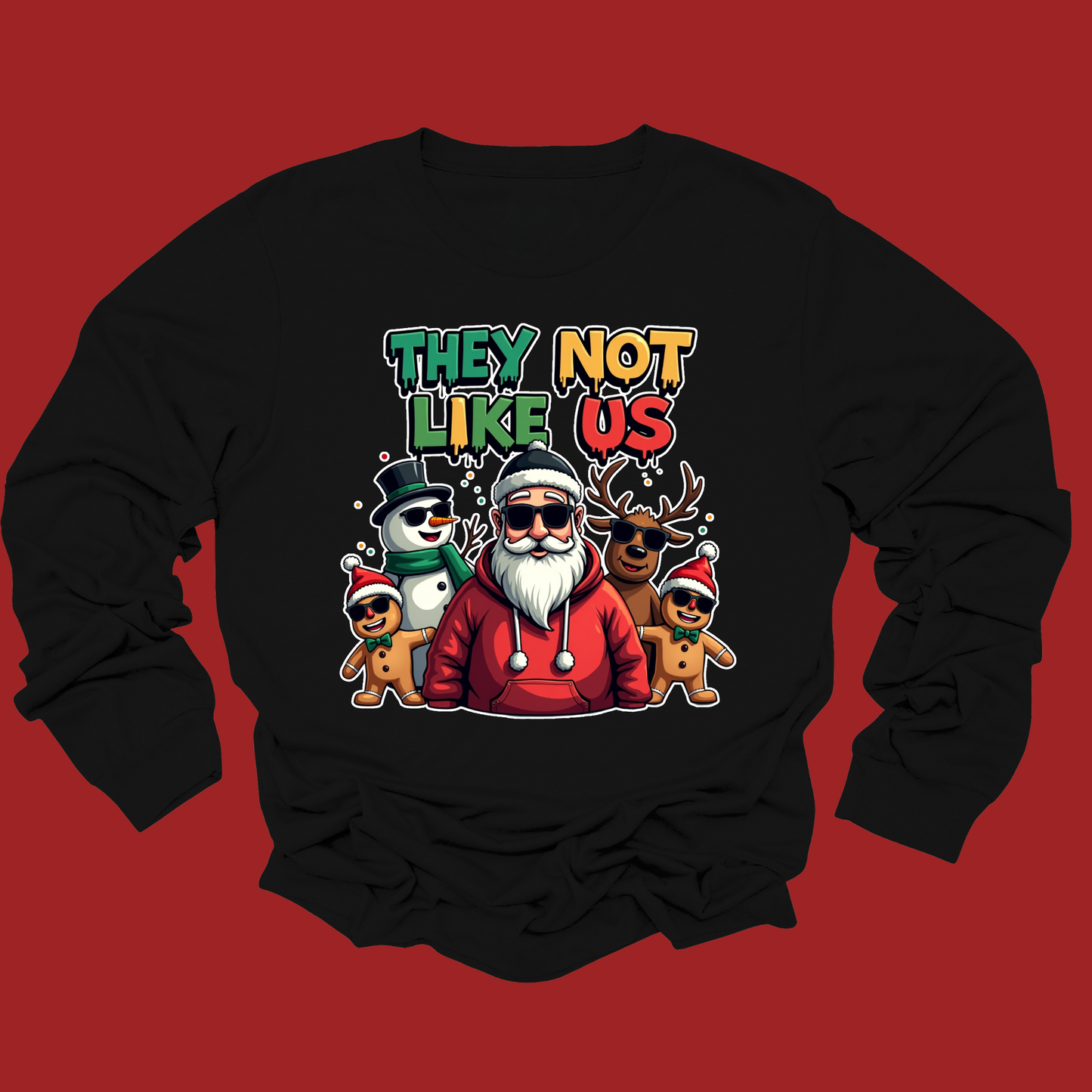 Black sweatshirt with colorful graphic design on a red background