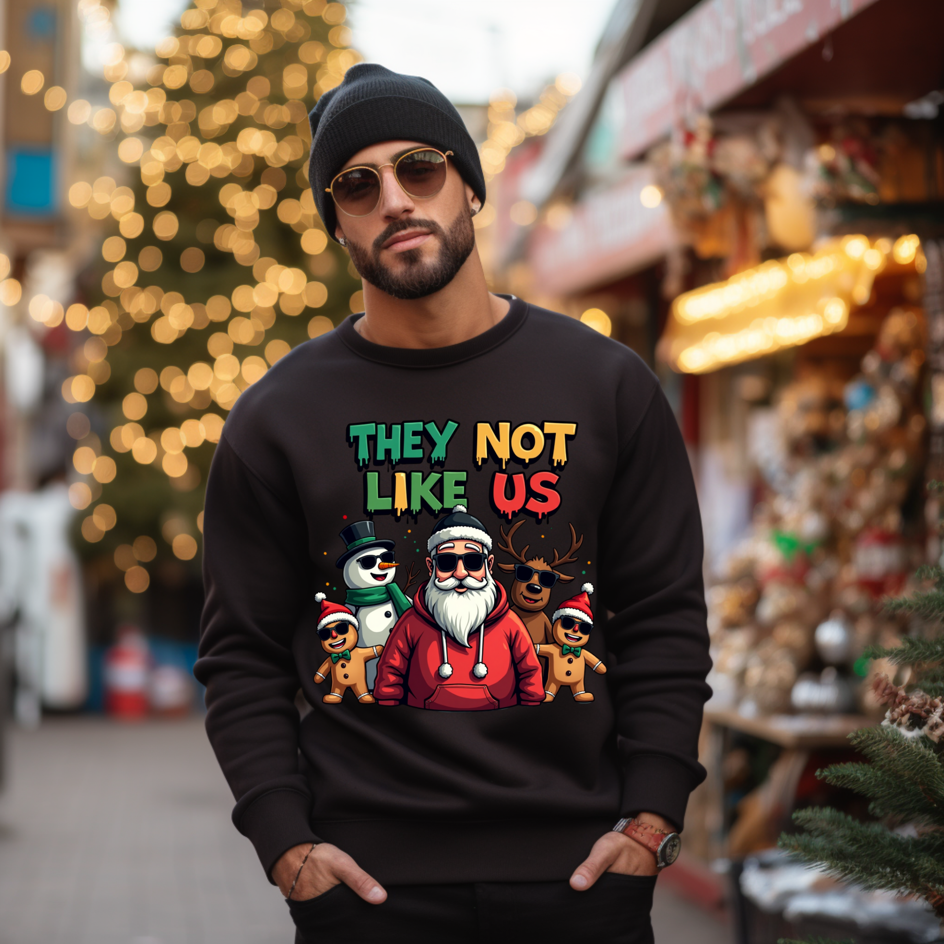 Person wearing a black sweatshirt with colorful graphic design in a festive outdoor setting.