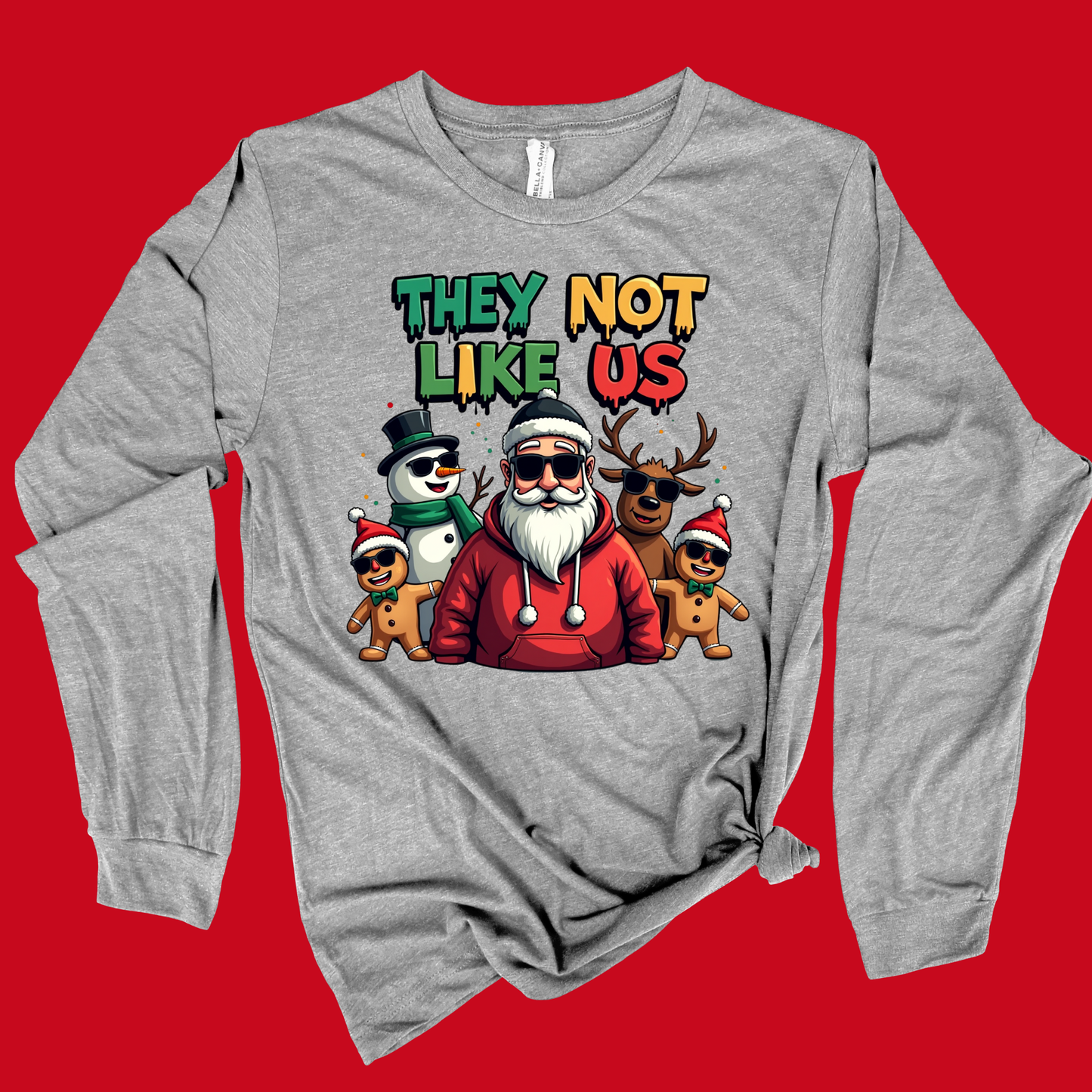 Gray sweatshirt with Christmas-themed graphic on a red background