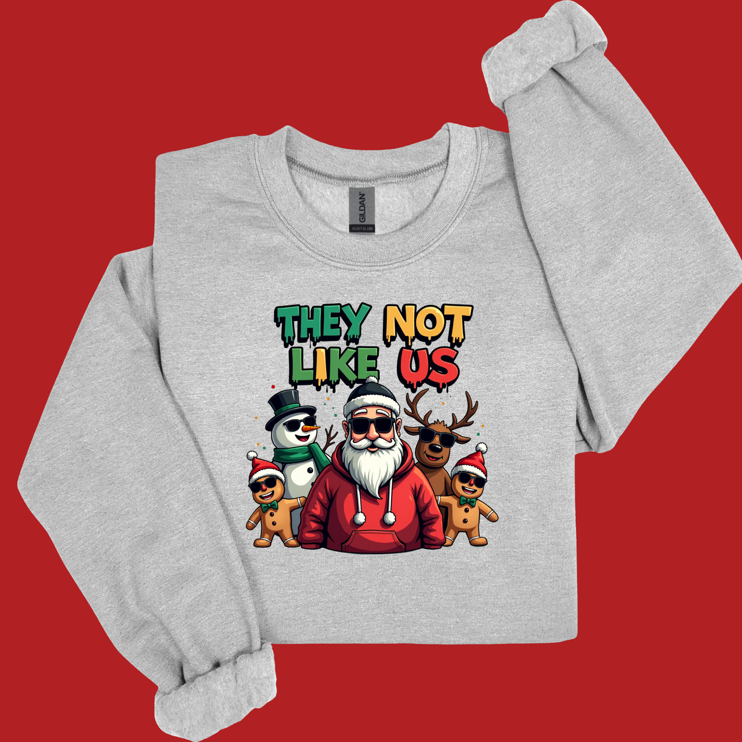 Gray sweatshirt with colorful graphic and text on a red background