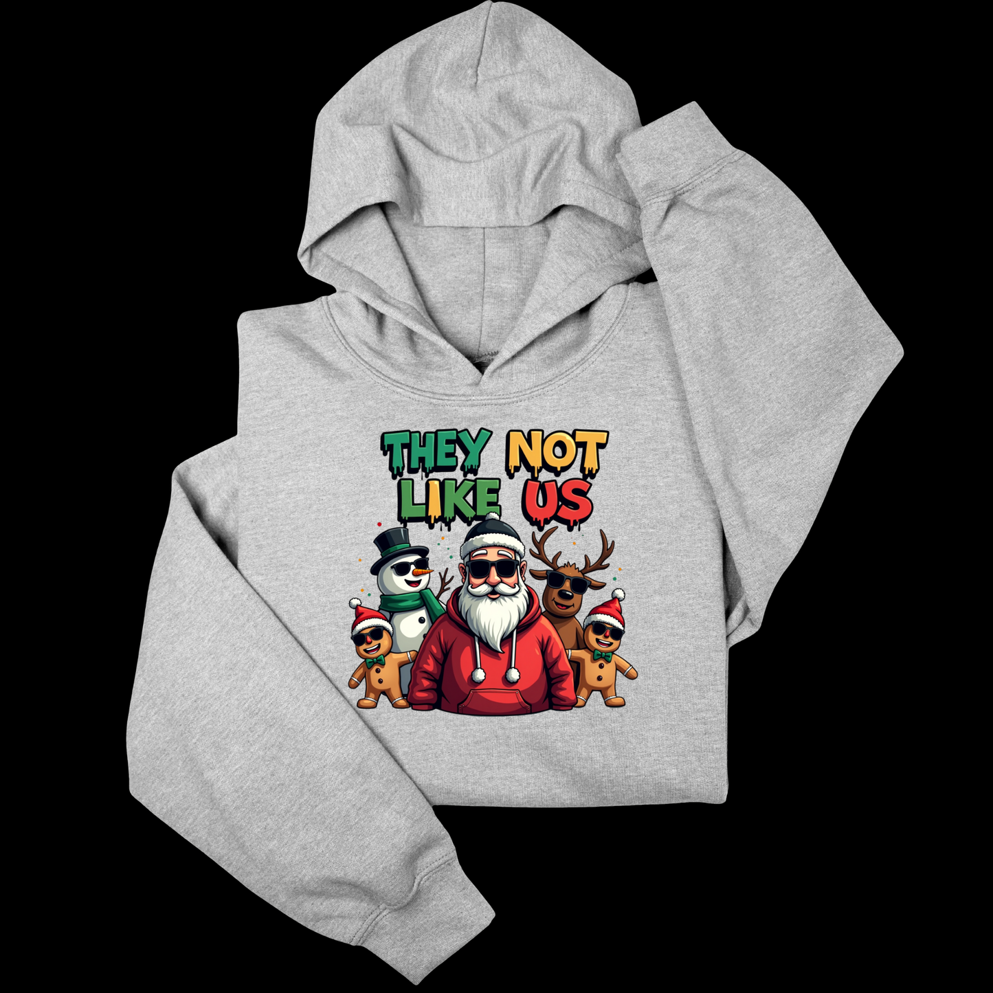 Gray hoodie with a colorful graphic of Santa Claus and reindeer on a black background