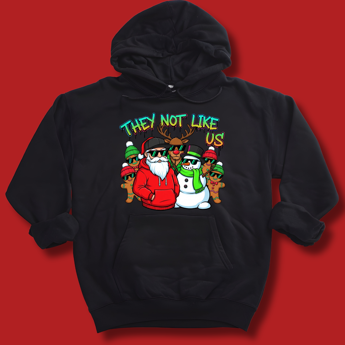 Black hoodie with colorful graphic design on a red background