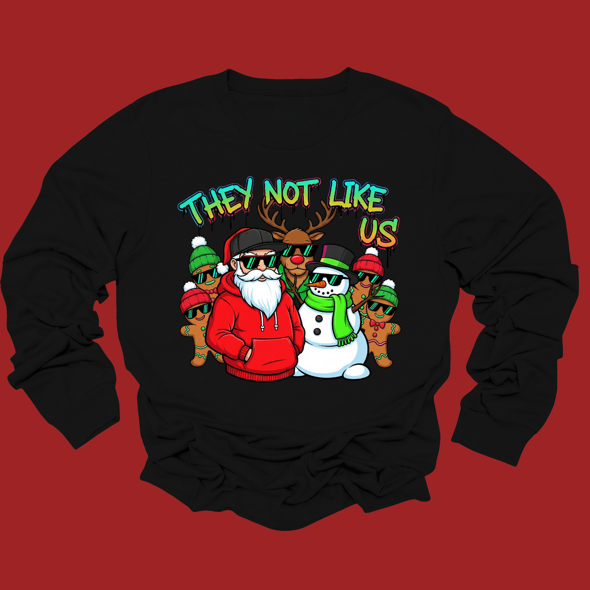 Black sweatshirt with Christmas-themed graphic on a red background