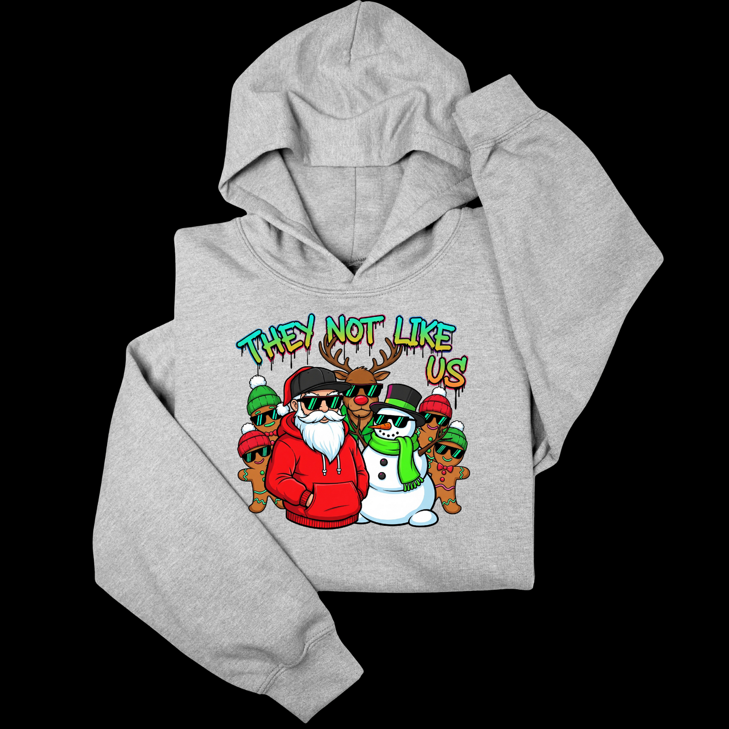 Gray hoodie with cartoon characters and text on a black background