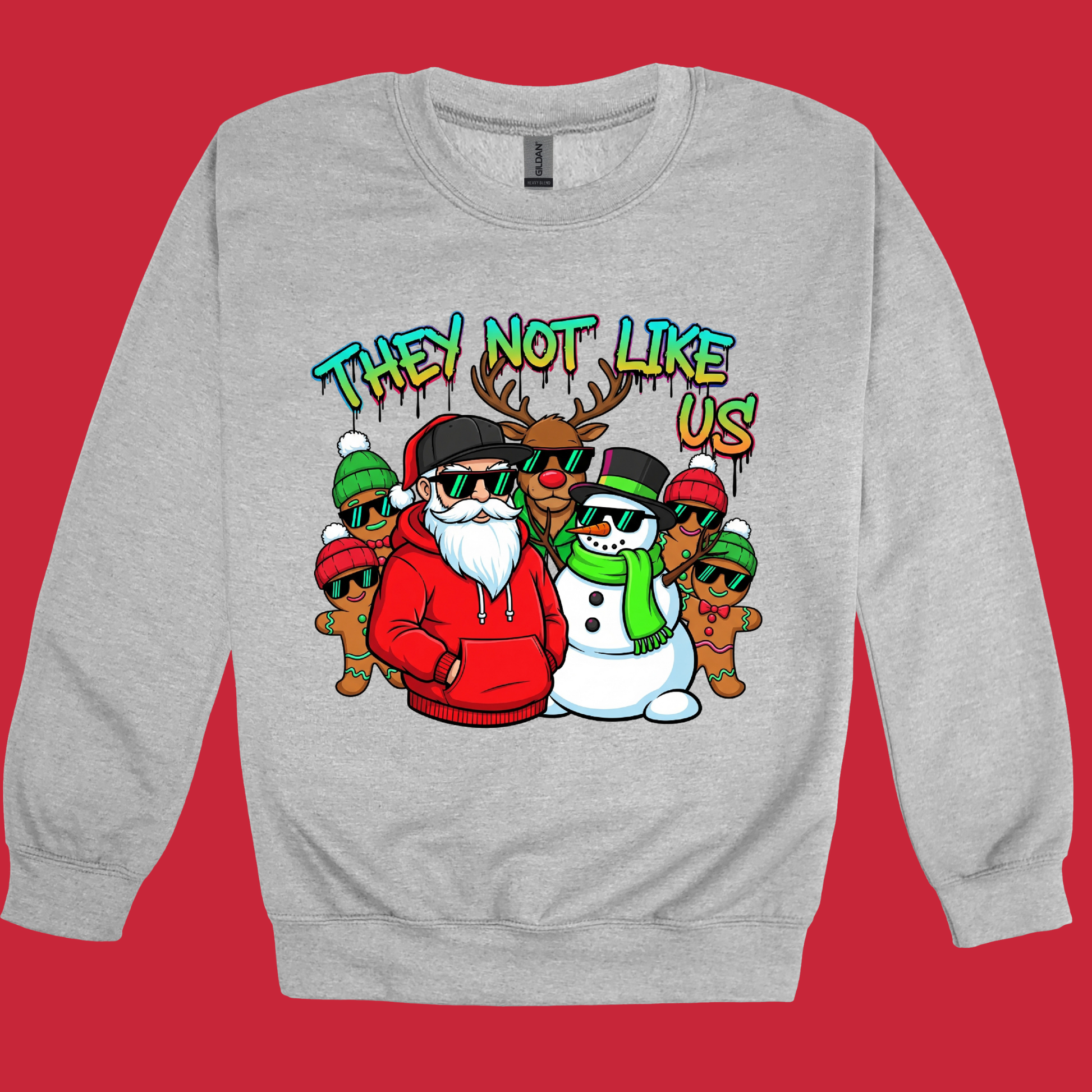 Gray sweatshirt with a colorful graphic of characters and text on a red background
