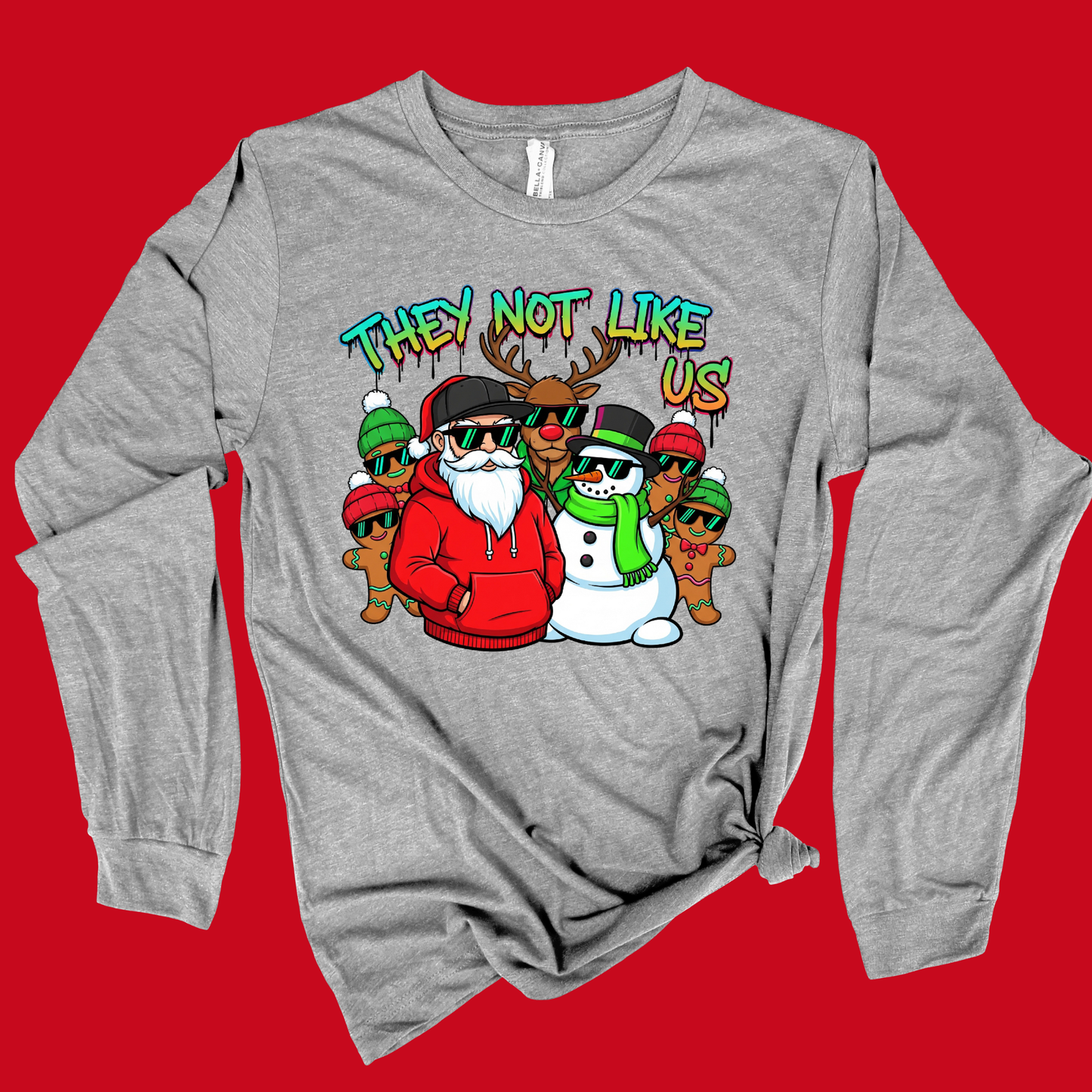 Gray sweatshirt with a colorful graphic on a red background