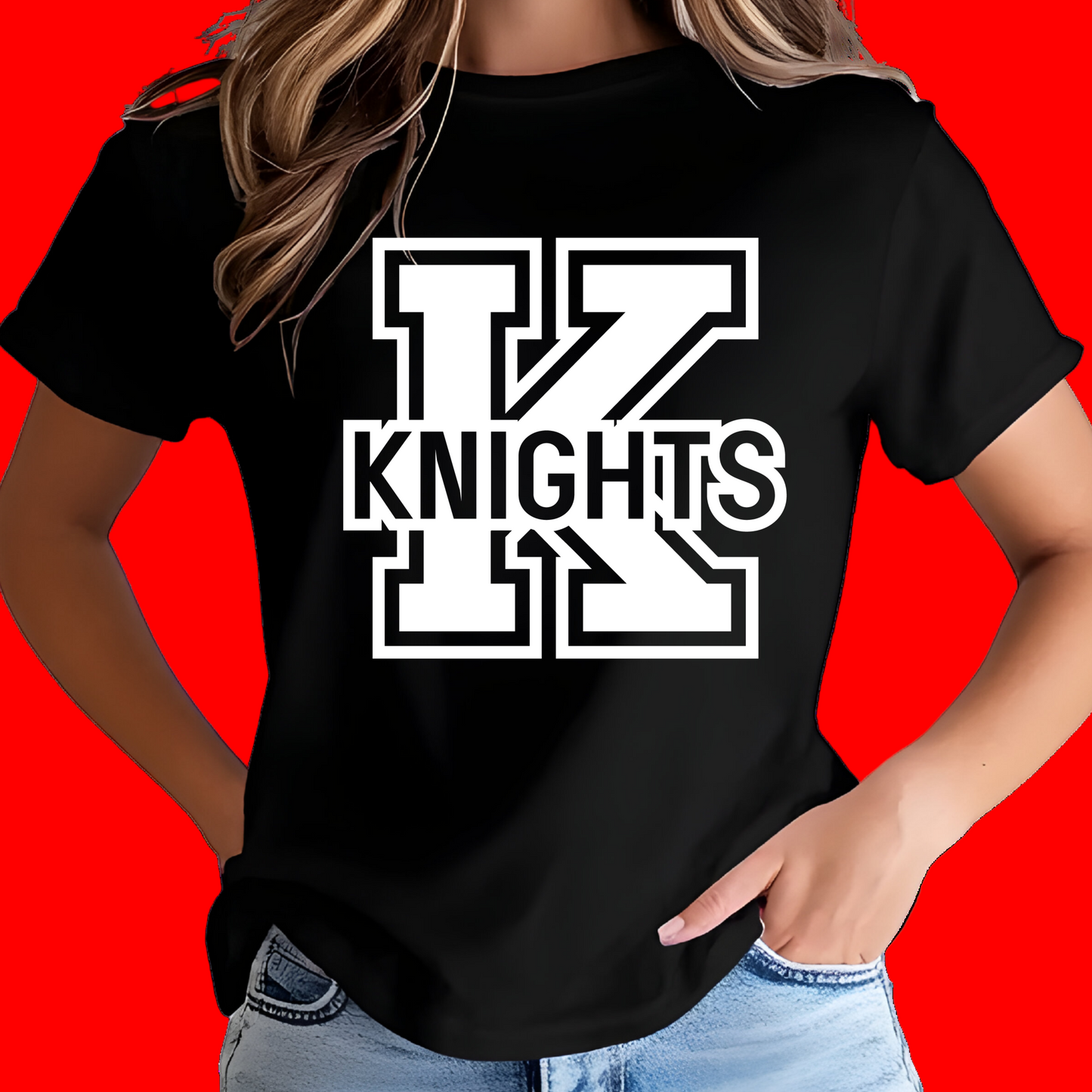 Black t-shirt with 'K KNIGHTS' design worn by a person